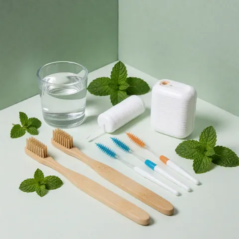 Flat lay of mint dental hygiene products including bamboo toothbrushes, dental floss, interdental brushes, and mint leaves on a white surface with a soft green background.