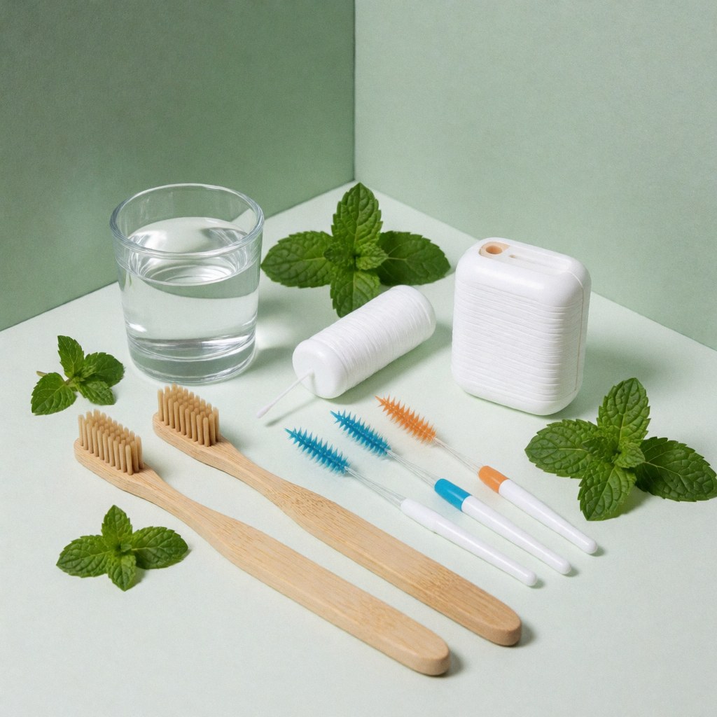 Flat lay of mint dental hygiene products including bamboo toothbrushes, dental floss, interdental brushes, and mint leaves on a white surface with a soft green background.
