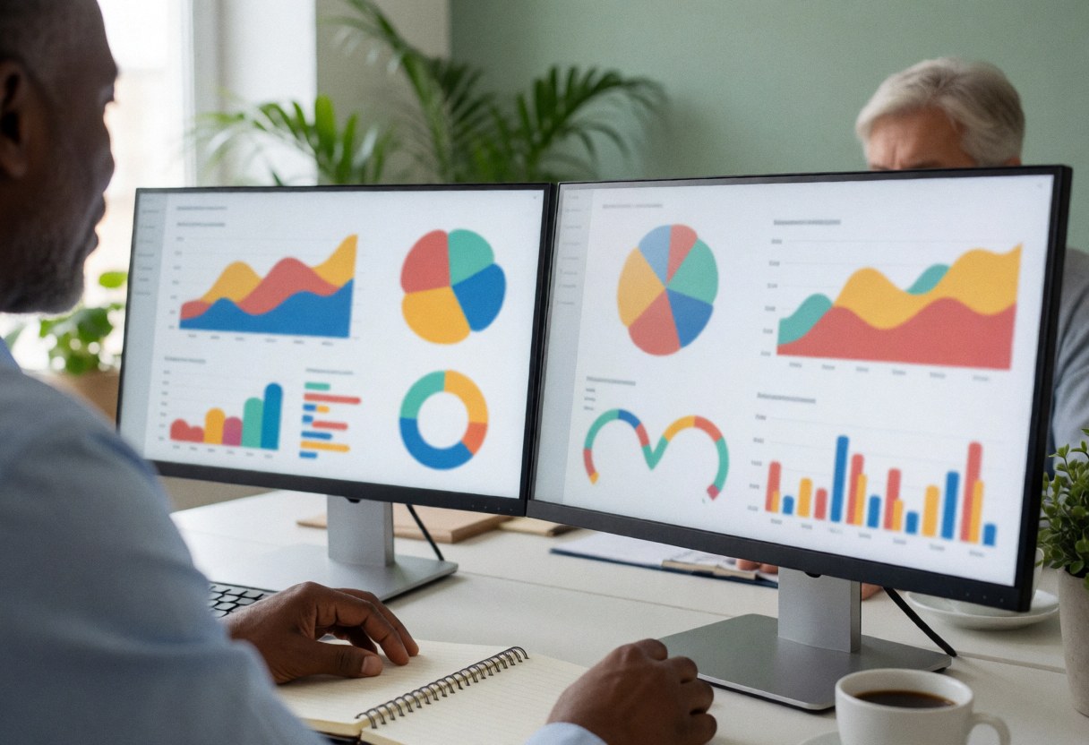 Consultant analyzing business data on two screens with plants, notebook, and coffee on a modern desk