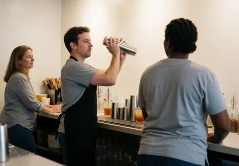 Bartender shaking a cocktail behind the bar counter while a customer watches, with visible glassware and tools under warm lighting