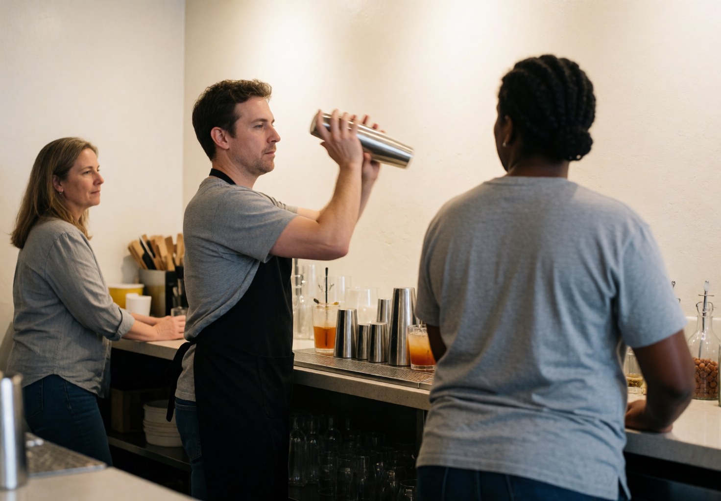 Bartender shaking a cocktail behind the bar counter while a customer watches, with visible glassware and tools under warm lighting