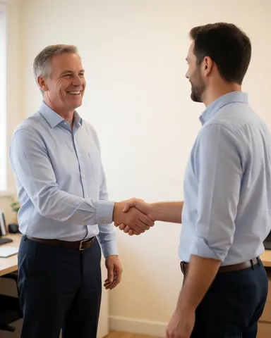 A smiling client and IT technician shake hands in a professional office setting with a computer and chair visible, conveying trust and satisfaction.