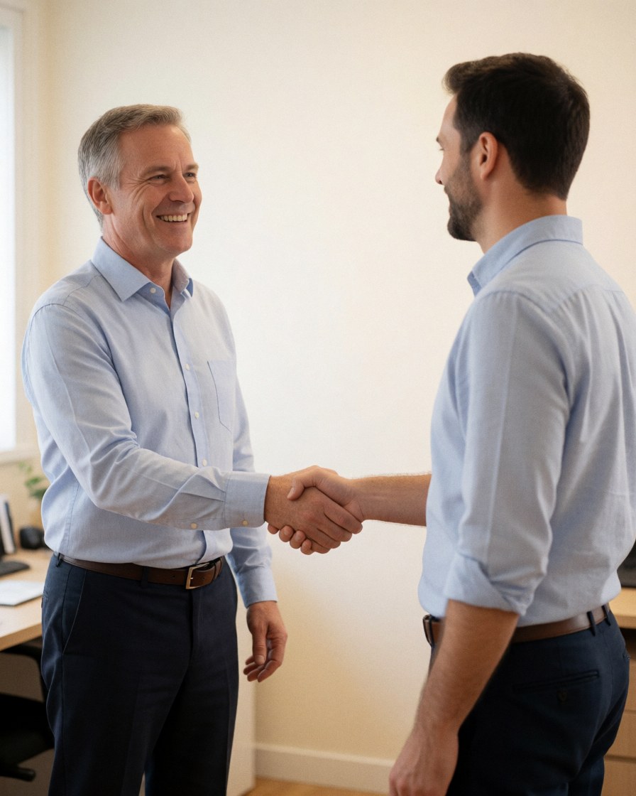 A smiling client and IT technician shake hands in a professional office setting with a computer and chair visible, conveying trust and satisfaction.