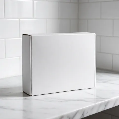 Professional dental whitening kit displayed on a polished white marble surface with soft lighting and a clean minimalist background