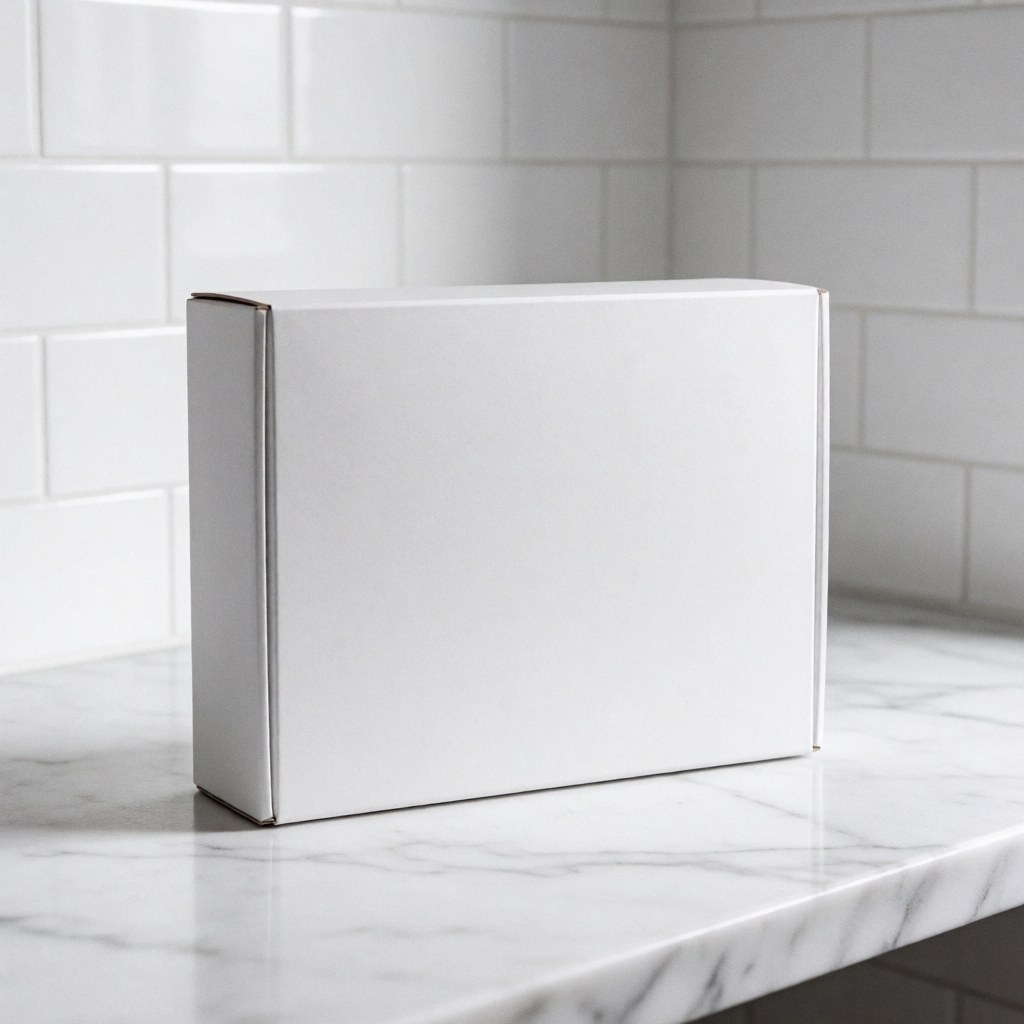 Professional dental whitening kit displayed on a polished white marble surface with soft lighting and a clean minimalist background