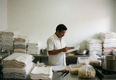 A man checks inventory lists in a catering kitchen surrounded by folded napkins and utensils, demonstrating business organization.