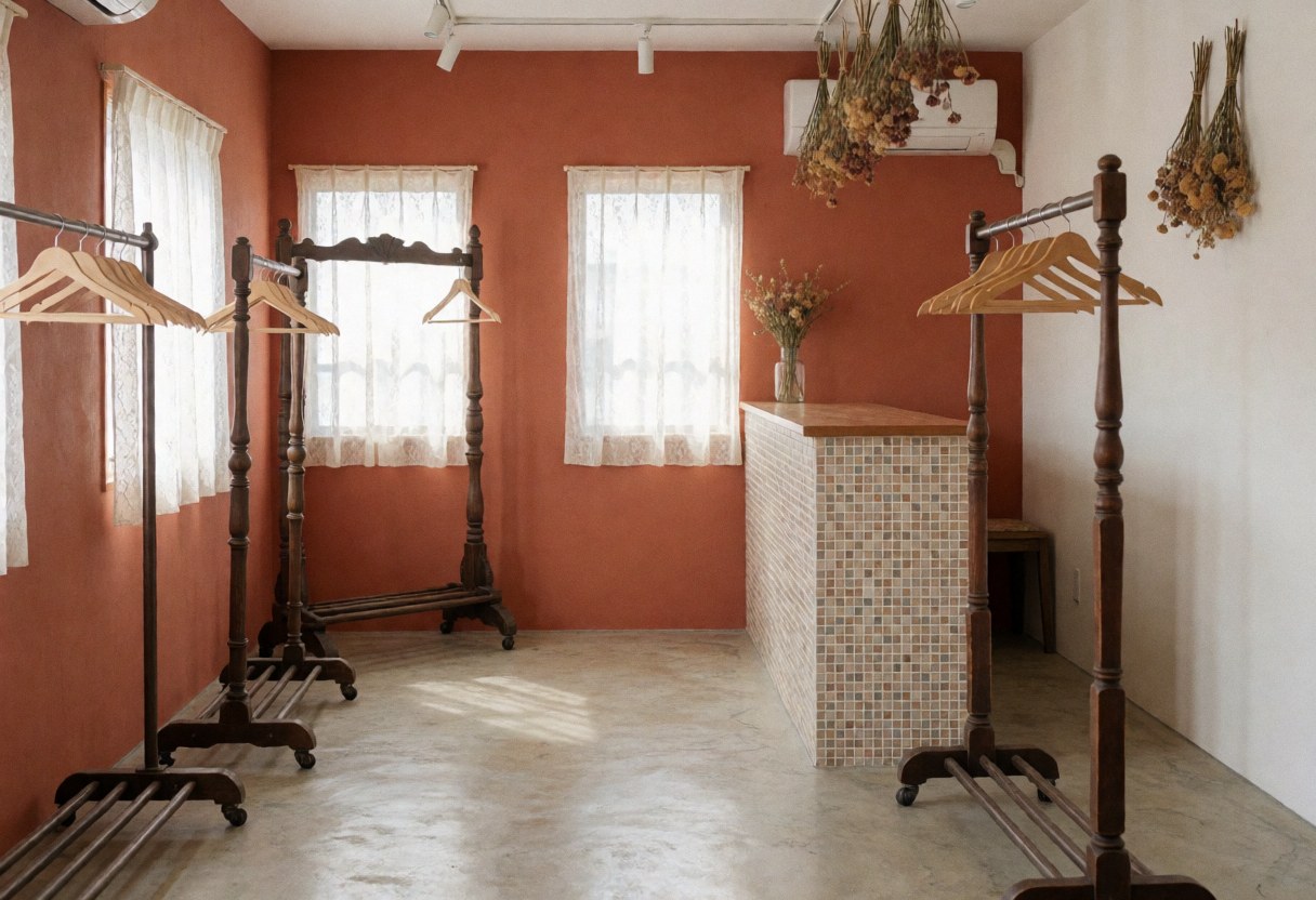 Clothing store interior featuring terracotta walls, polished concrete floors, vintage wooden hangers, and a mosaic counter with natural light from lace-curtained windows.