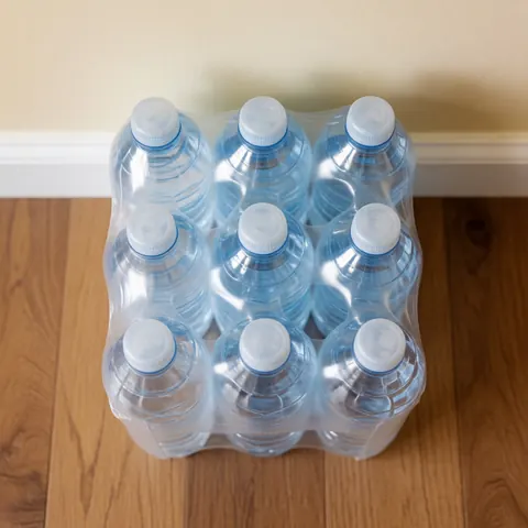 A cardboard box filled with bottled drinking water placed on a wooden floor against a beige wall with natural lighting