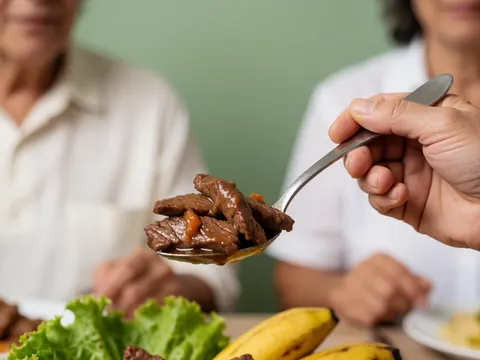 Close-up of lomo saltado with glossy sauce, hands holding a spoon, lettuce and plantains in a blurred background