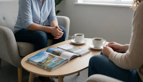 A travel advisor sits at a desk with a client, reviewing travel guides and enjoying coffee in a calm, professional setting.