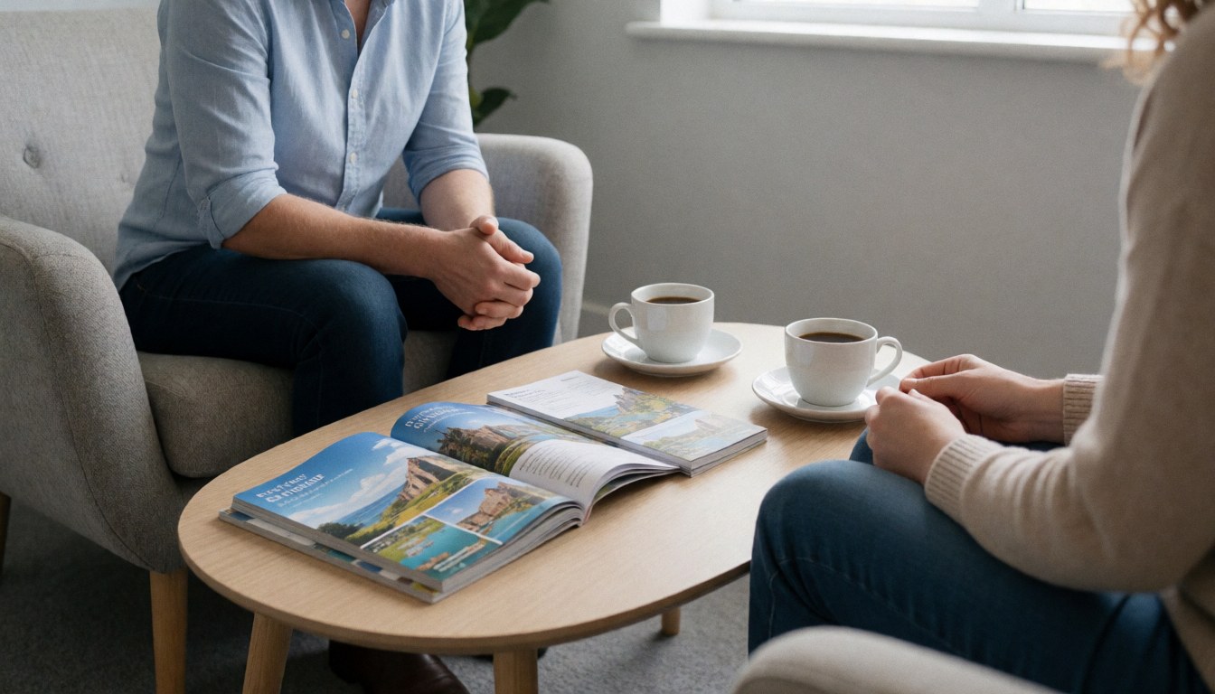 A travel advisor sits at a desk with a client, reviewing travel guides and enjoying coffee in a calm, professional setting.