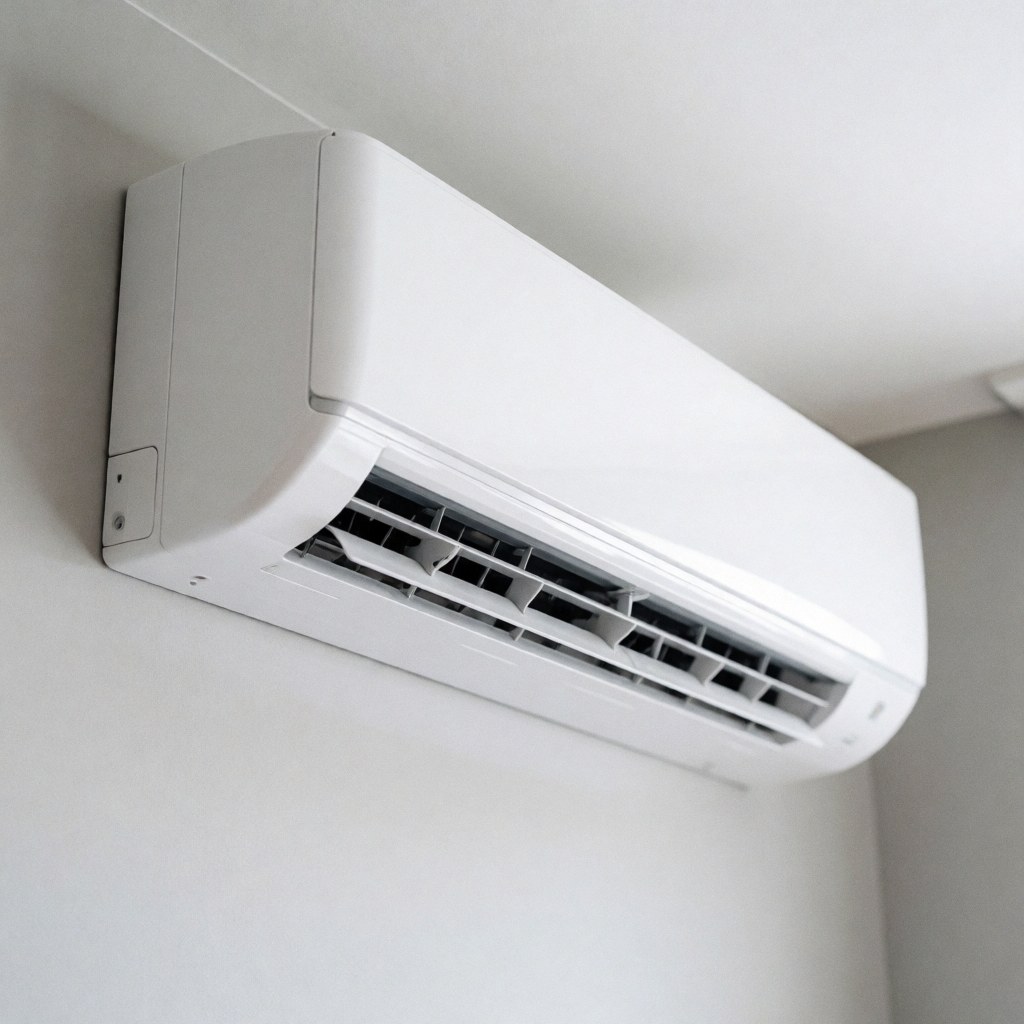Close-up of a sleek white indoor air conditioning unit mounted on a light gray wall, featuring clean lines and minimalist design with natural lighting.