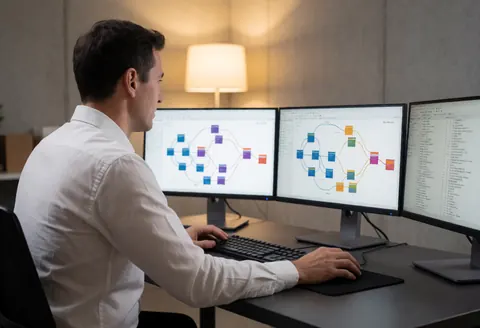 A software professional works at a desk with three monitors displaying network diagrams in a modern office with concrete walls and warm lighting.
