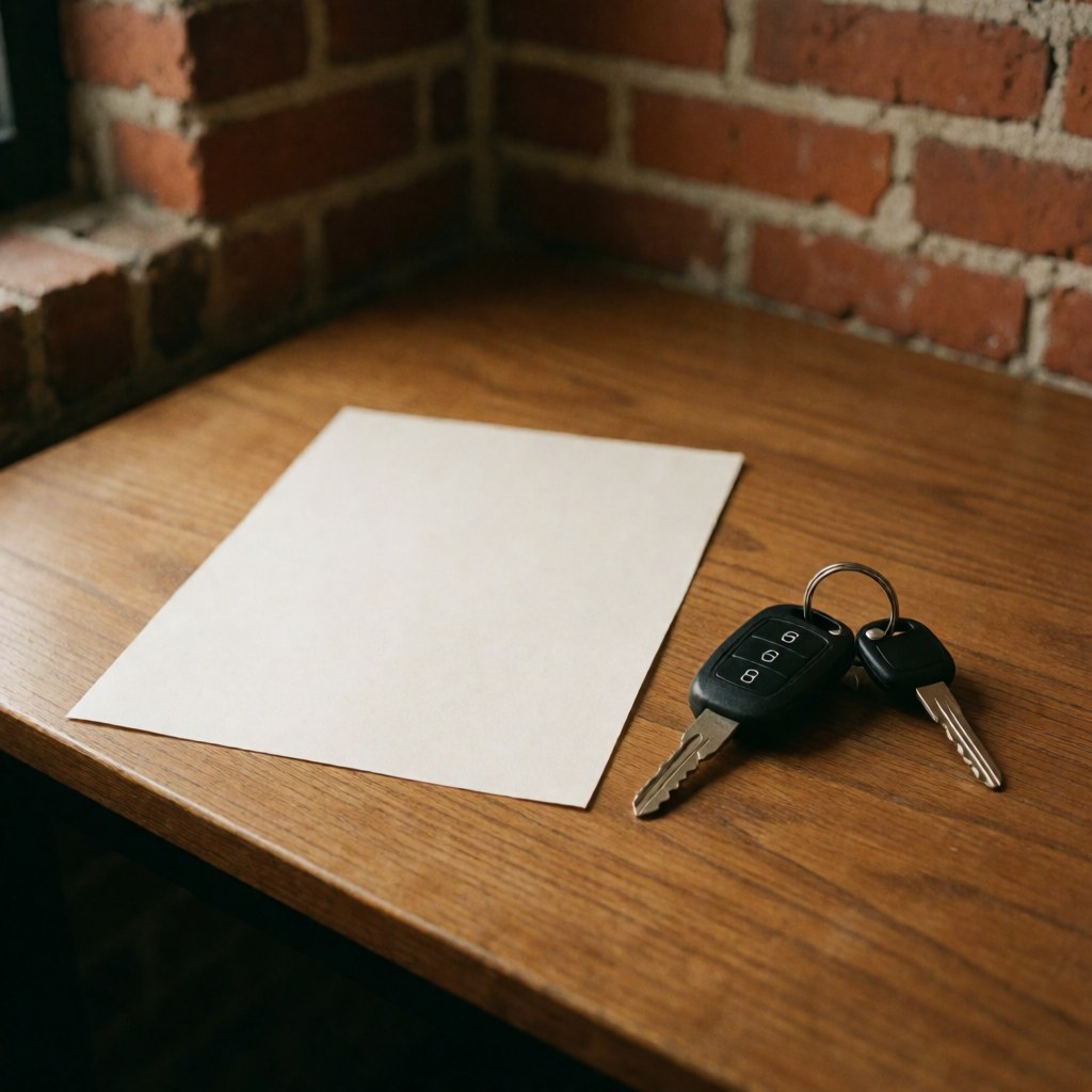 A car insurance policy document and a set of keys resting on a wooden desk against a brick wall background