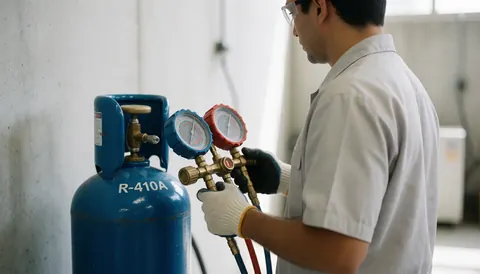 HVAC technician wearing safety gear working with a manifold gauge connected to a blue R-410A cylinder in a clean mechanical room