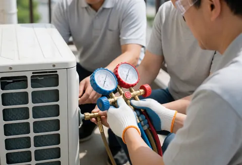 HVAC technician wearing safety gear connects a manometer to an outdoor AC condenser unit while a colleague observes nearby.