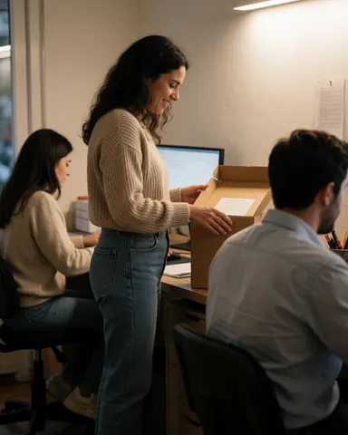 Smiling woman opens a delivery box in an office while colleagues work at computers, illustrating logistics and home delivery services.