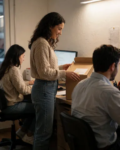 Smiling woman opens a delivery box in an office while colleagues work at computers, illustrating logistics and home delivery services.