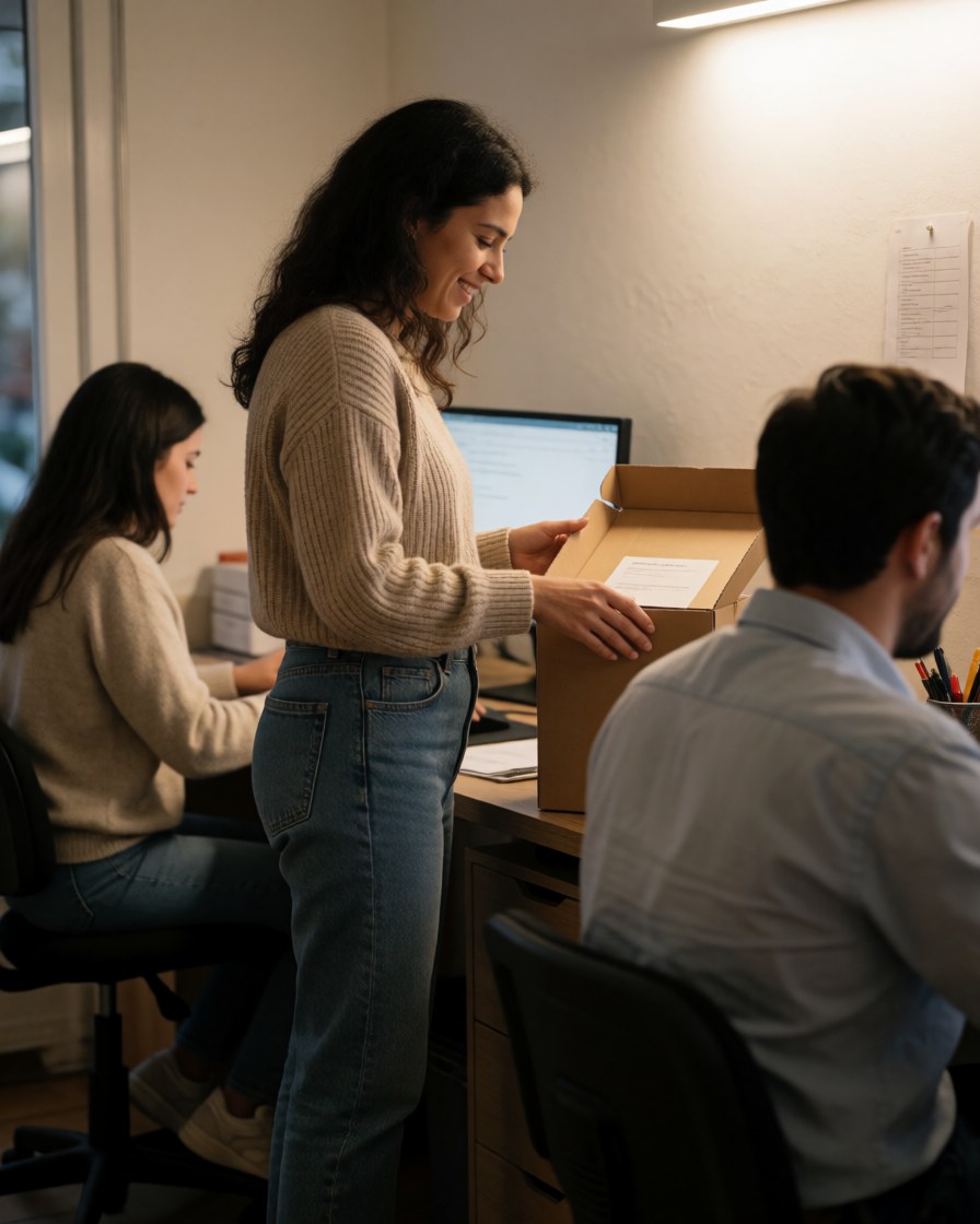 Smiling woman opens a delivery box in an office while colleagues work at computers, illustrating logistics and home delivery services.