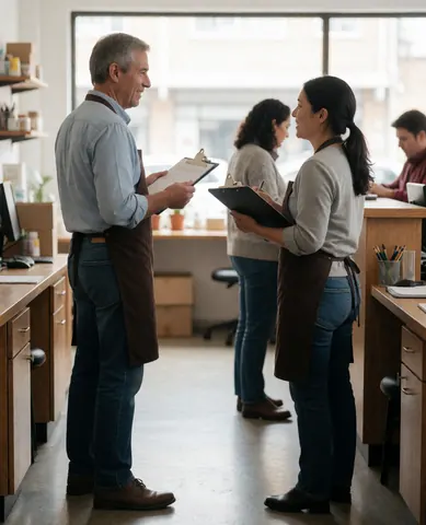 Two staff members in aprons review paperwork while talking at a reception desk with computers and windows.