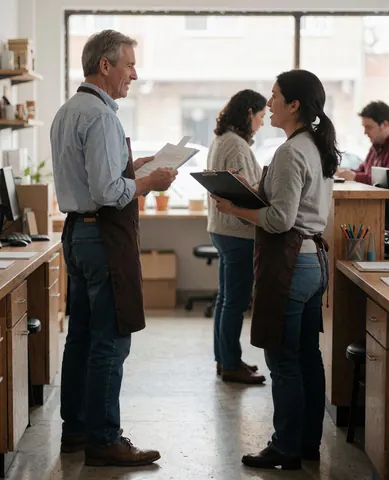 Two staff members in aprons review paperwork while talking at a reception desk with computers and windows.