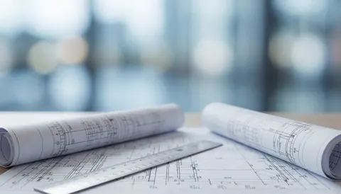 Professional background featuring architectural blueprints and a ruler on a desk with cool tones, suitable for commercial text overlays in engineering or architecture offices.