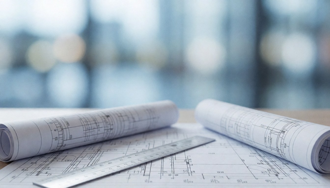 Professional background featuring architectural blueprints and a ruler on a desk with cool tones, suitable for commercial text overlays in engineering or architecture offices.
