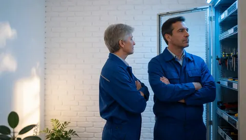 Two technicians in blue uniforms check a server rack with tools in an office with white brick walls and warm light.