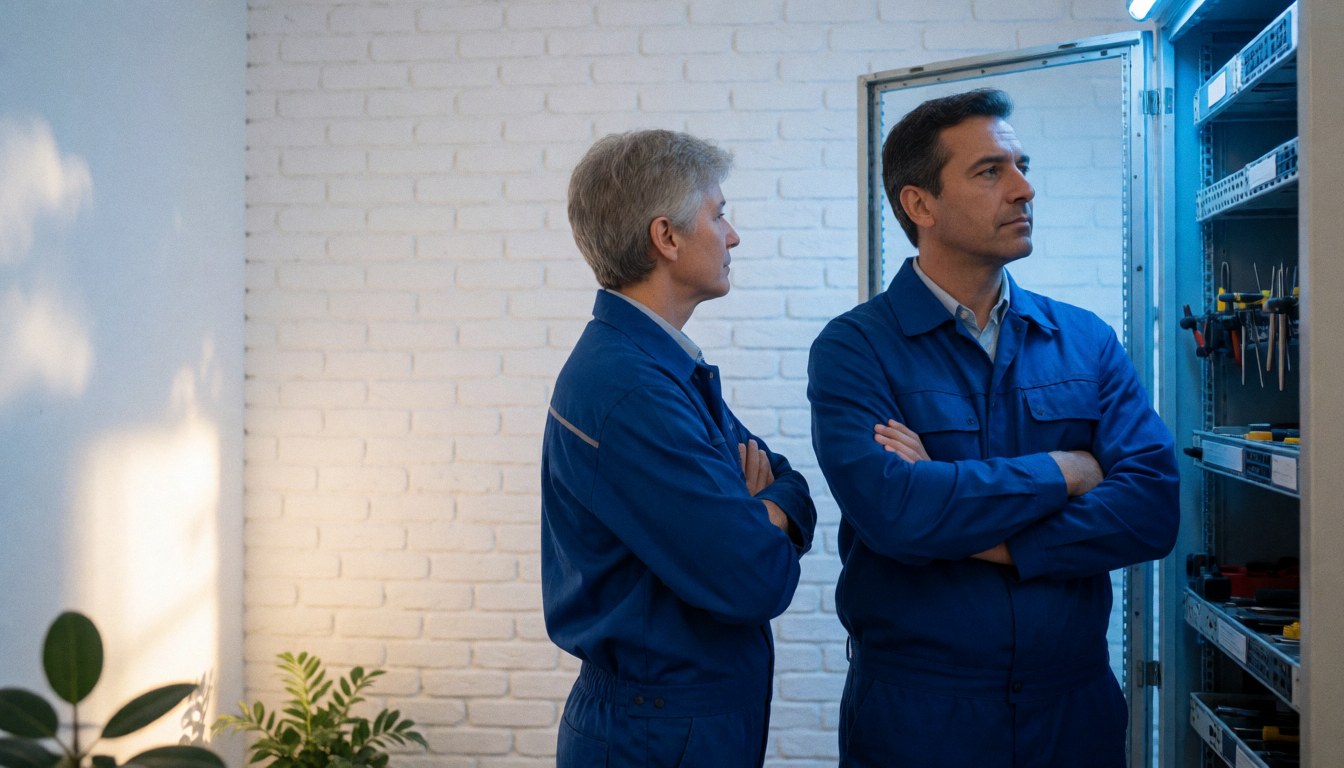 Two technicians in blue uniforms check a server rack with tools in an office with white brick walls and warm light.
