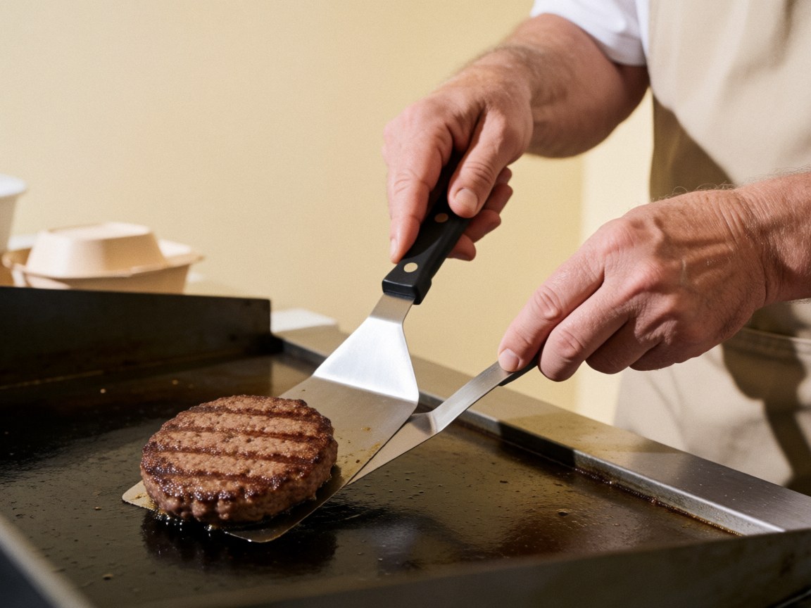 A close-up view of a juicy hamburger patty sizzling on a hot grill, with visible grill marks and steam rising from the cooking meat.
