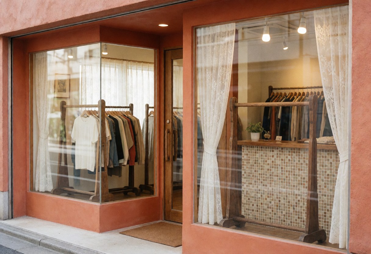 Vintage clothing boutique featuring terracotta walls, lace curtains, and wooden racks displaying casual apparel in a warm interior.