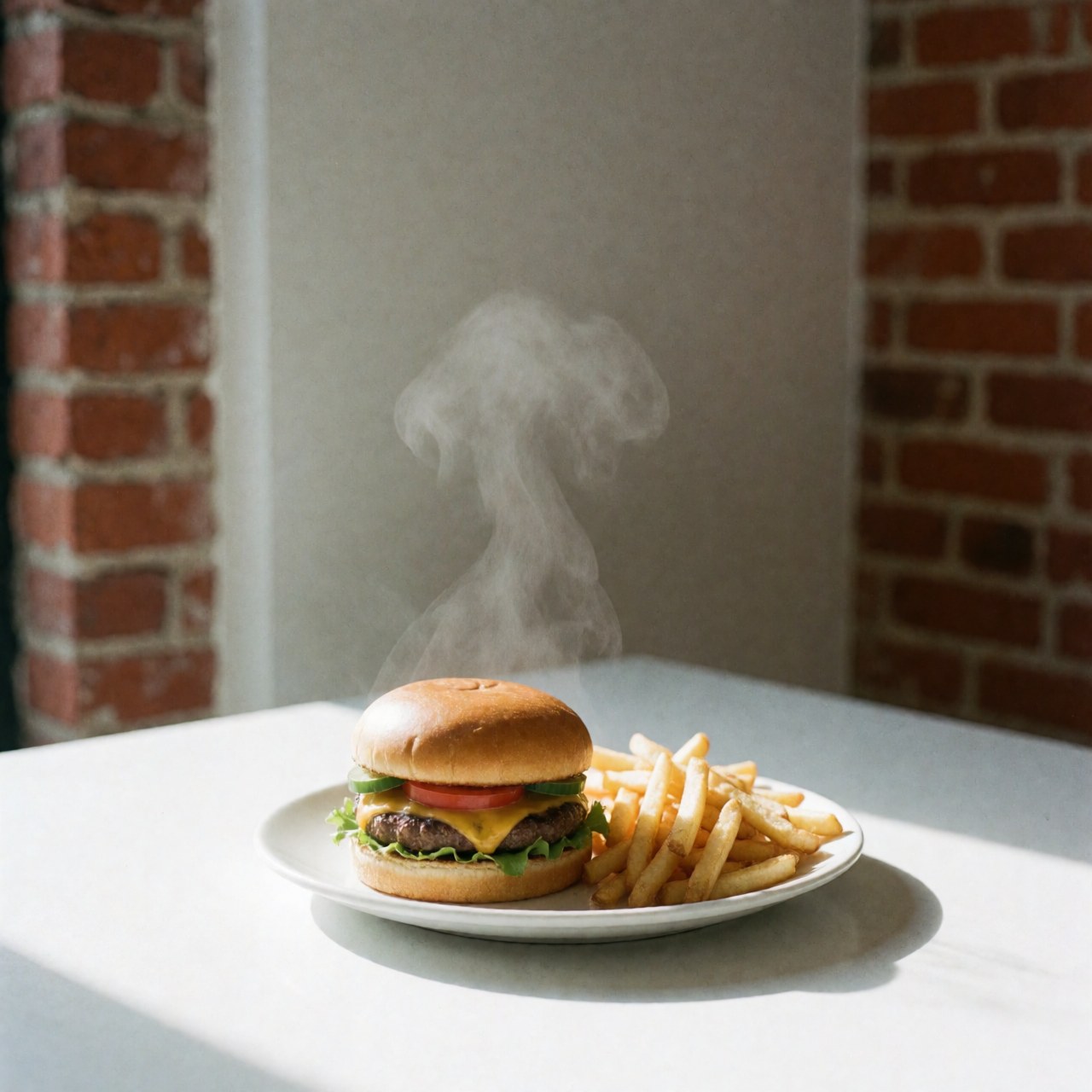 A juicy hamburger served with crispy french fries on a white plate, with steam rising, set against a red brick background for fast food business use