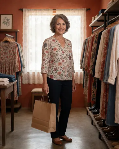 Smiling woman holding a shopping bag in a clothing store with terracotta walls and clothes on hangers near a window.