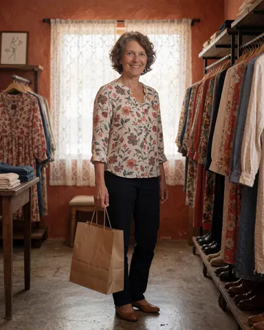 Smiling woman holding a shopping bag in a clothing store with terracotta walls and clothes on hangers near a window.