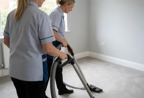 A female cleaner in uniform vacuuming a carpet indoors during a professional cleaning service