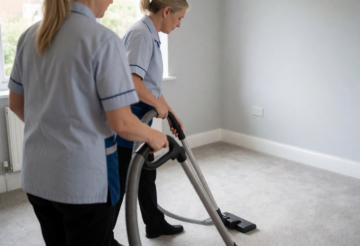 A female cleaner in uniform vacuuming a carpet indoors during a professional cleaning service