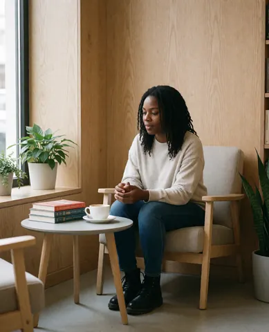 A person sitting in a comfortable chair at a small table with coffee and books, surrounded by green plants and wooden walls in a quiet bookstore.