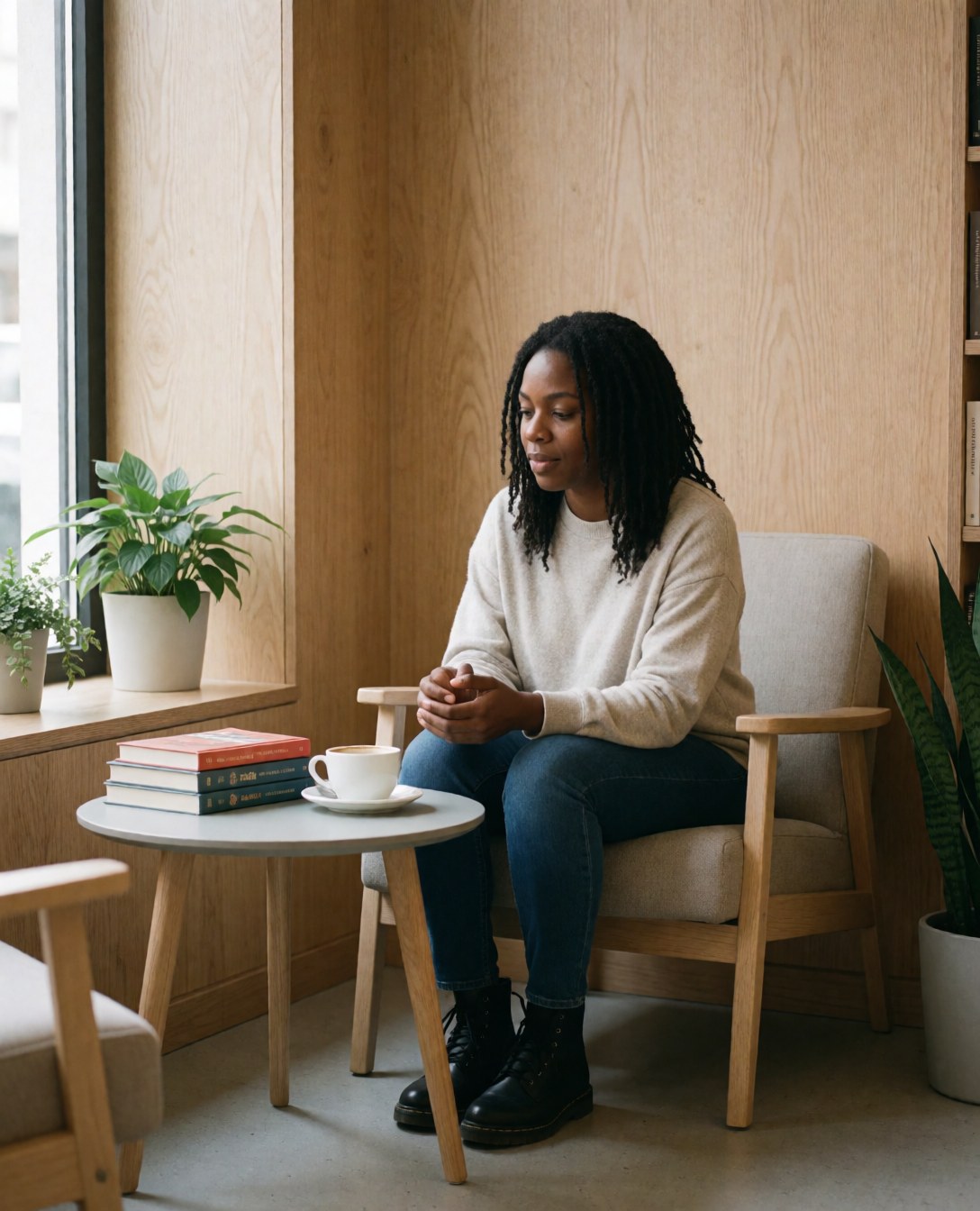 A person sitting in a comfortable chair at a small table with coffee and books, surrounded by green plants and wooden walls in a quiet bookstore.