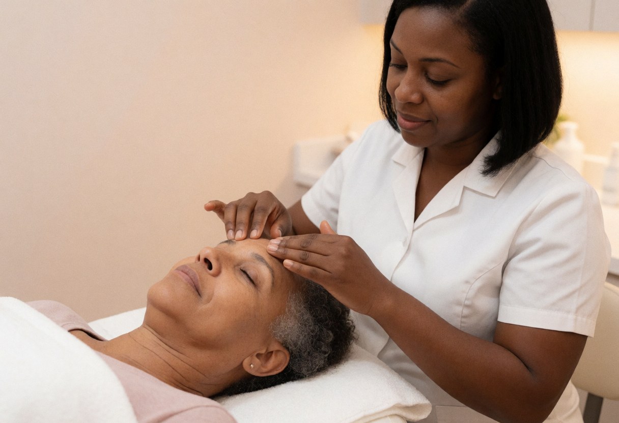 An esthetician massages a client's face in a treatment room with beige walls and soft lighting.