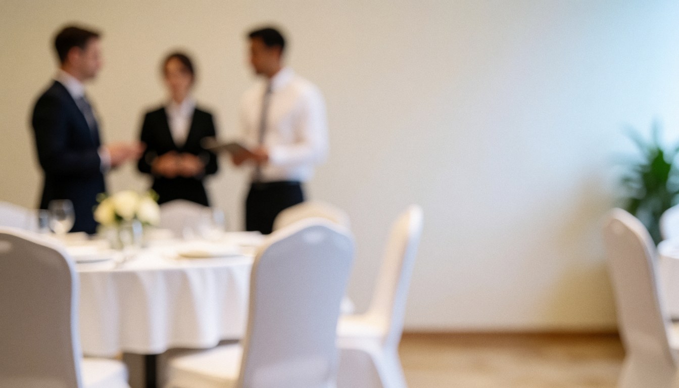 Soft focus background of a bright banquet hall with tables and chairs, ideal for catering business text overlays