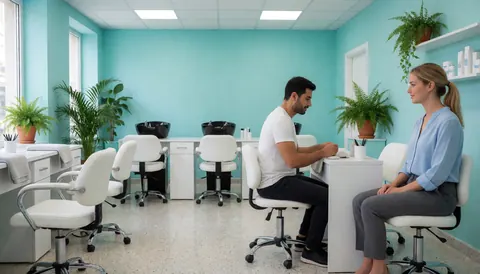 A nail technician attends to a client in a modern salon featuring turquoise walls, white chairs, and green plants.