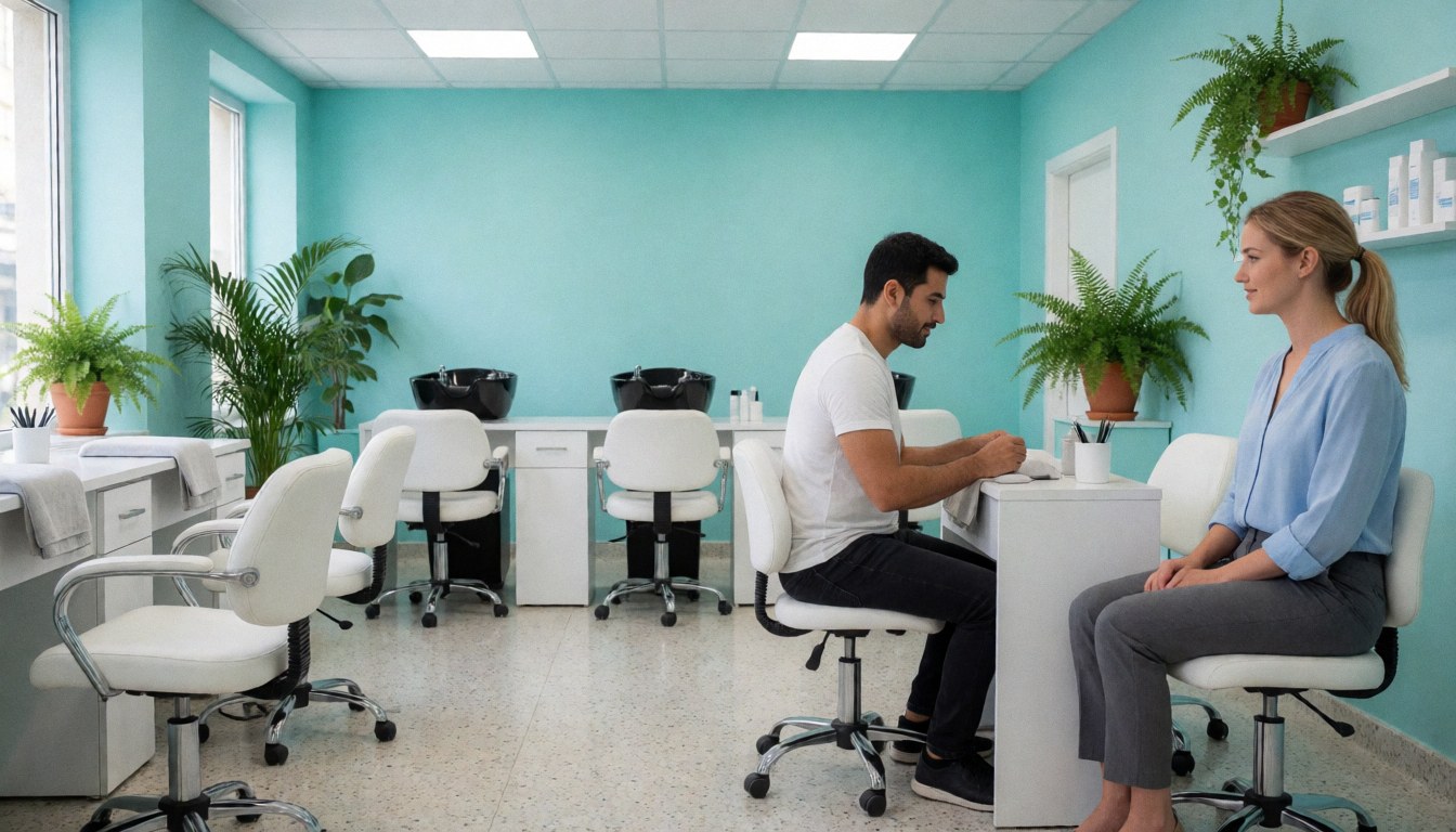 A nail technician attends to a client in a modern salon featuring turquoise walls, white chairs, and green plants.