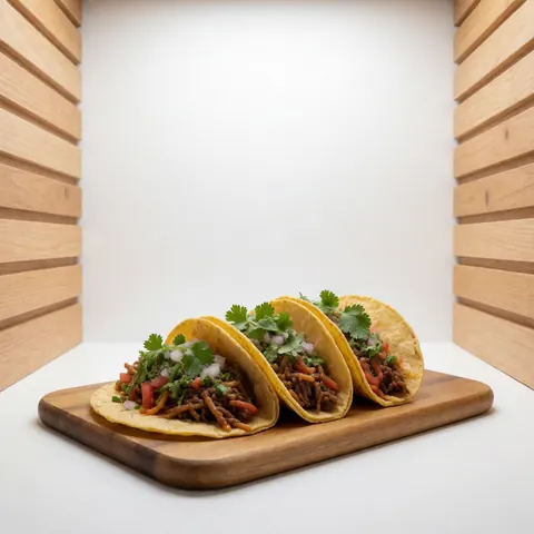 Fresh tacos served on a rustic wooden board against a clean white background, perfect for fast food and gourmet Mexican cuisine.