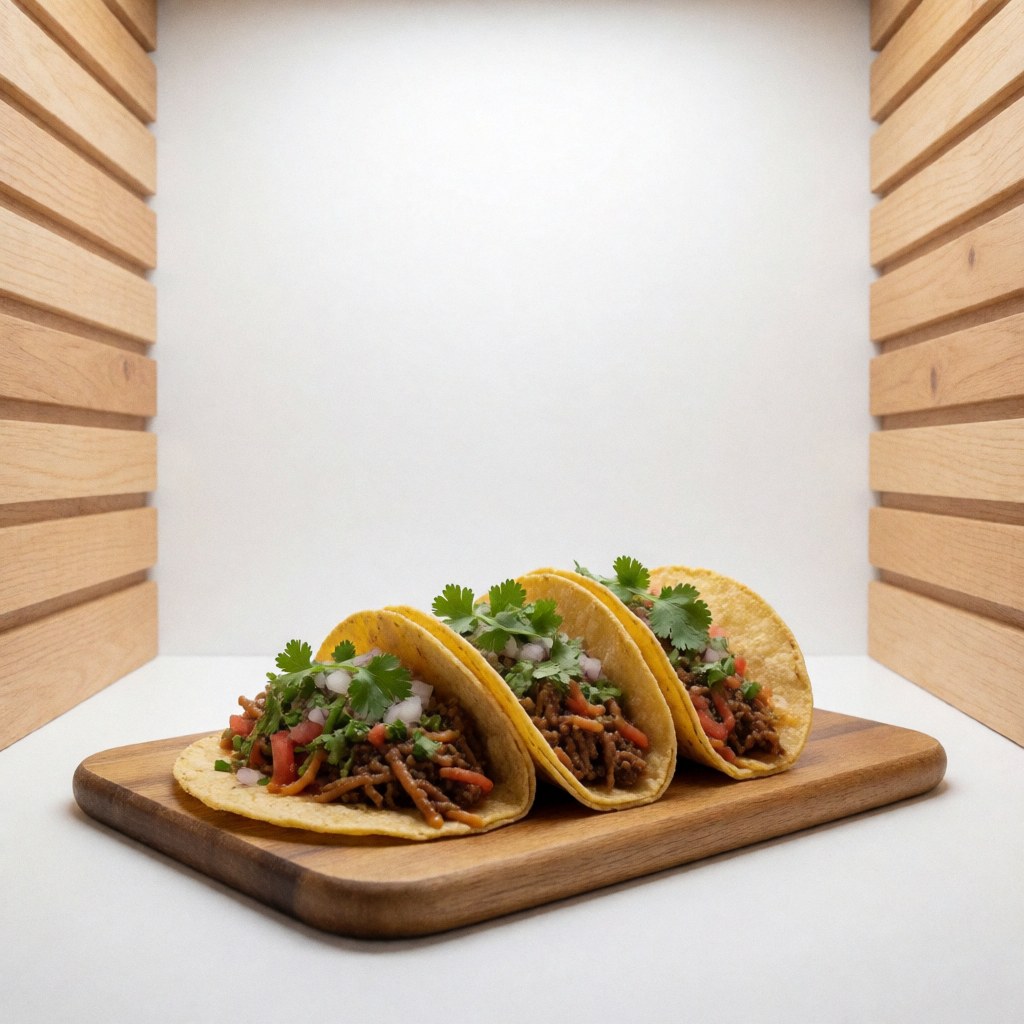 Fresh tacos served on a rustic wooden board against a clean white background, perfect for fast food and gourmet Mexican cuisine.