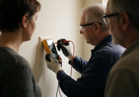An electrician wearing safety glasses and gloves uses a multimeter to test an electrical outlet while a client observes closely in a professional setting.