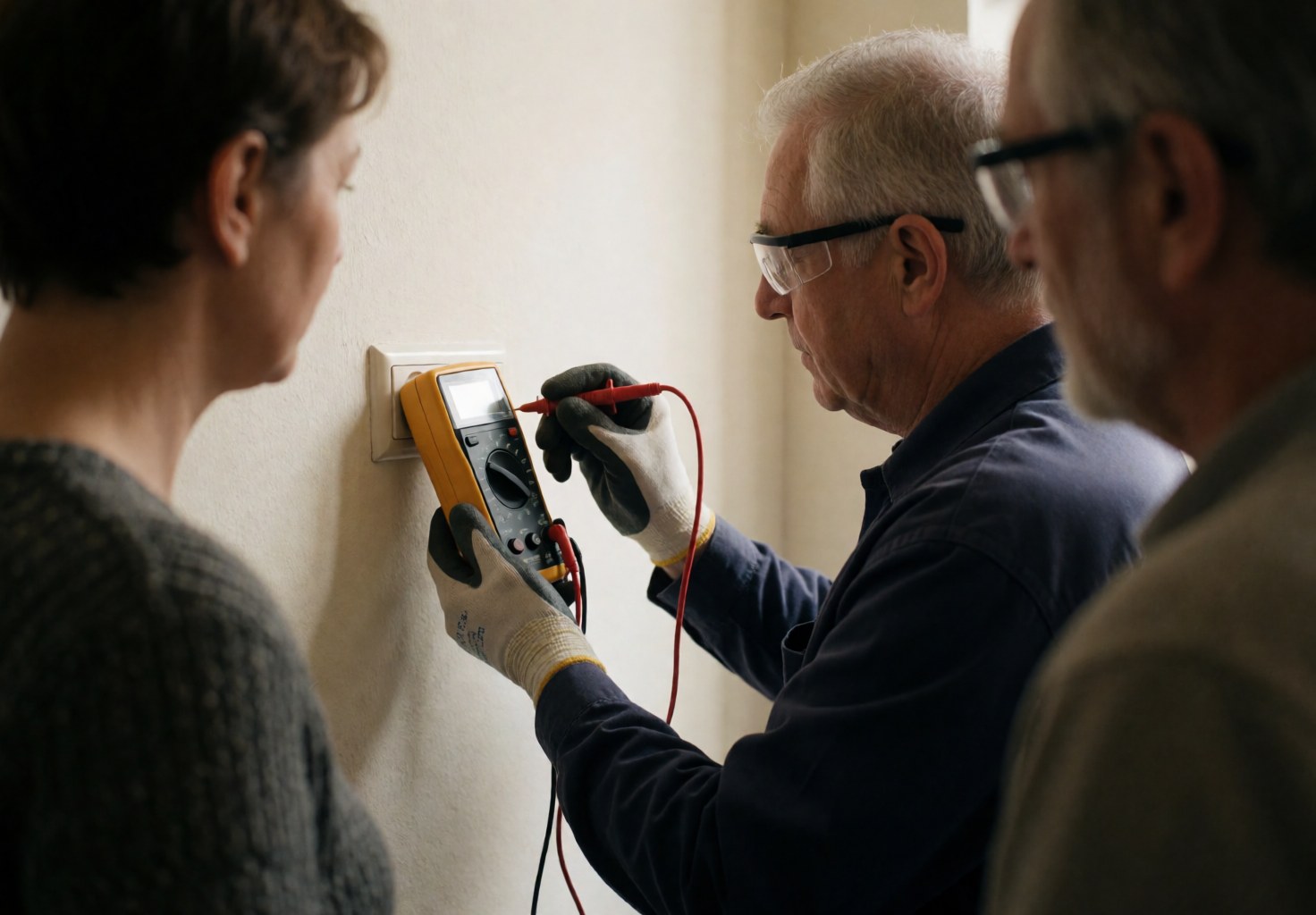 An electrician wearing safety glasses and gloves uses a multimeter to test an electrical outlet while a client observes closely in a professional setting.