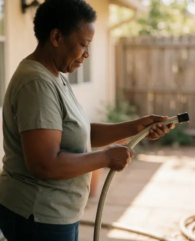 A happy female customer inspects a garden hose in her backyard patio, ensuring it works properly for home maintenance and gardening tasks.
