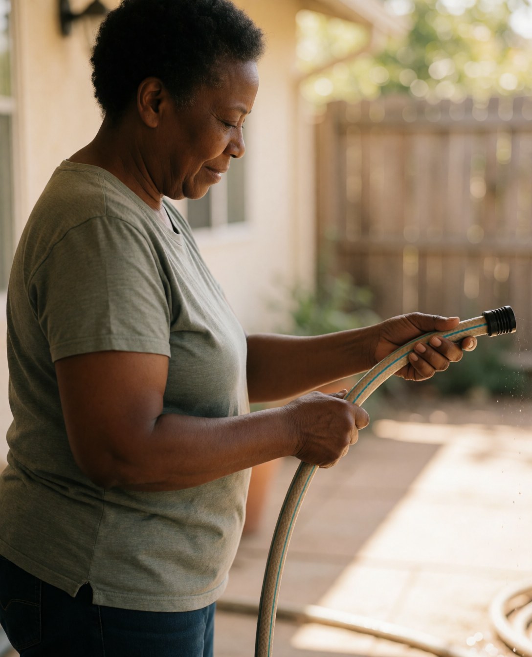 A happy female customer inspects a garden hose in her backyard patio, ensuring it works properly for home maintenance and gardening tasks.