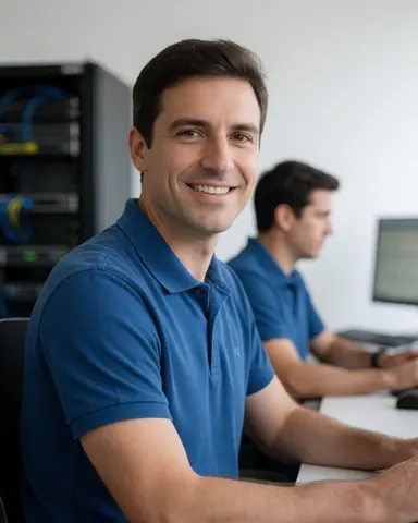 A smiling male IT support professional standing in a small office with computer monitors and server equipment in the background.