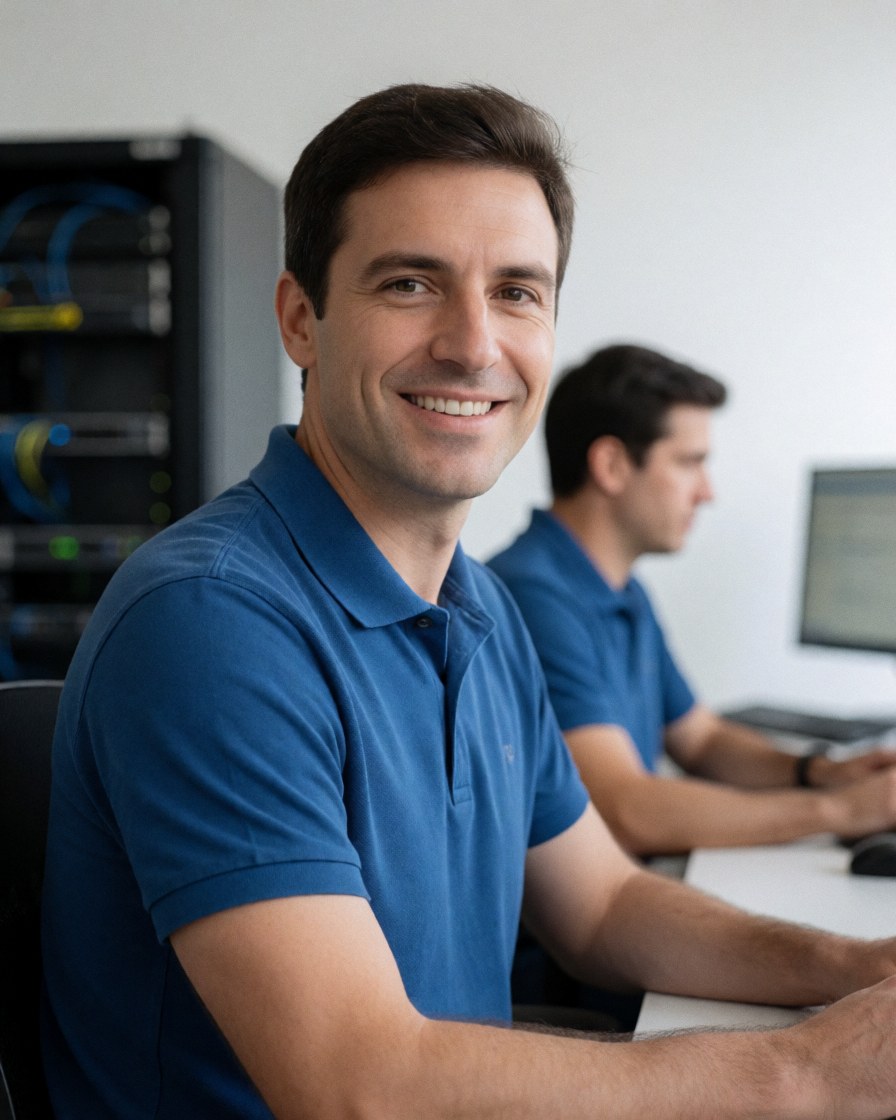 A smiling male IT support professional standing in a small office with computer monitors and server equipment in the background.